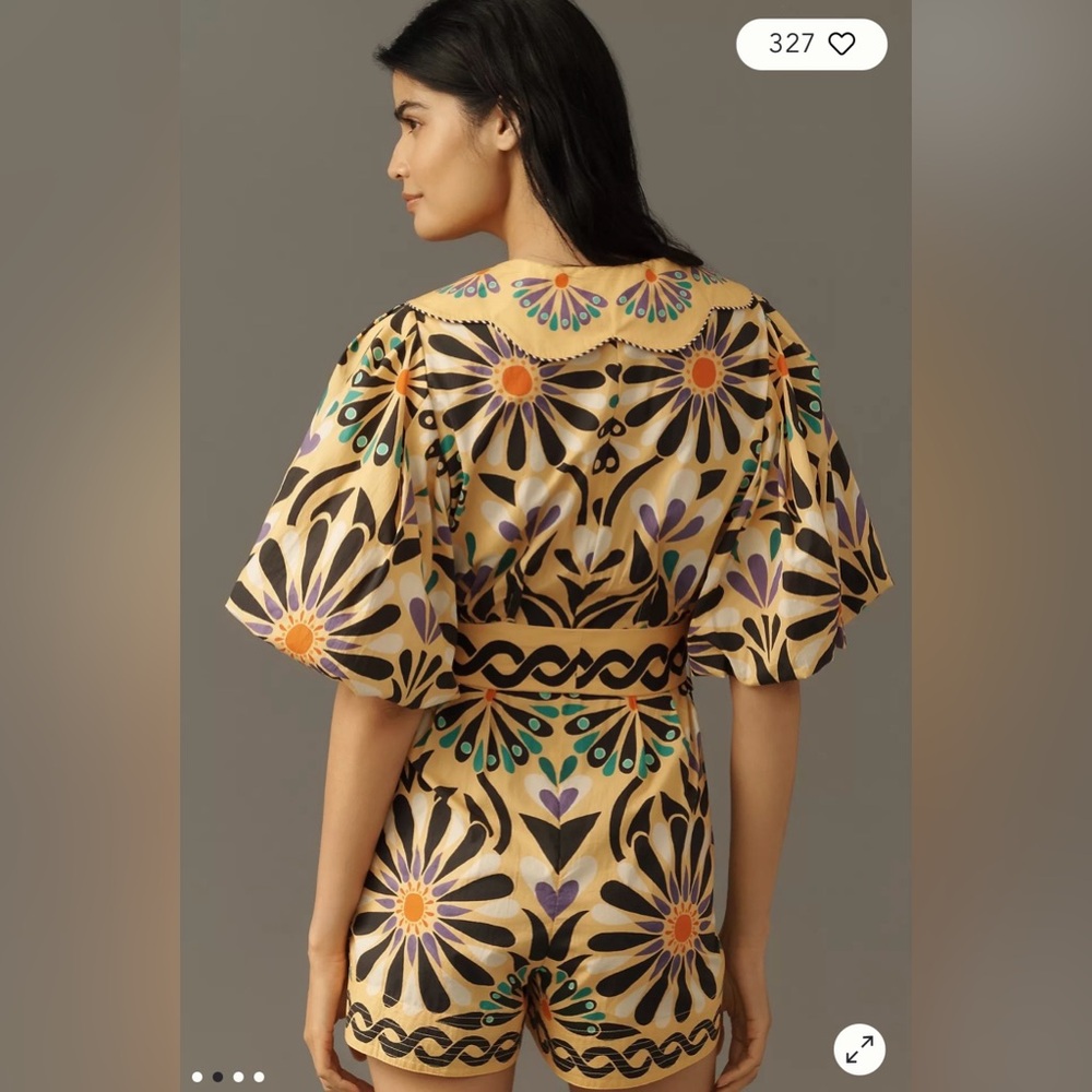 NWT $218 Farm Rio x Anthropologie Puff-Sleeve Printed Romper XXS - Picture 2 of 12